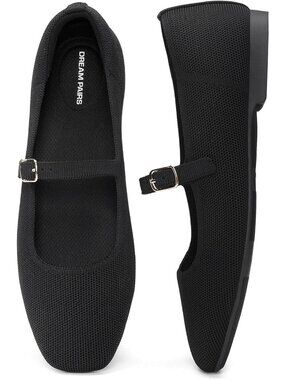 Women's Black Stretchy Breathable Knit Upper Anti-Slip Square Toe Flat Shoes